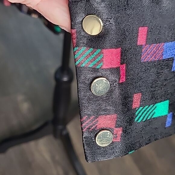 NWT Investments Black with Colorful Print  Bow Blouse Long Sleeve Button Down - Picture 4 of 12